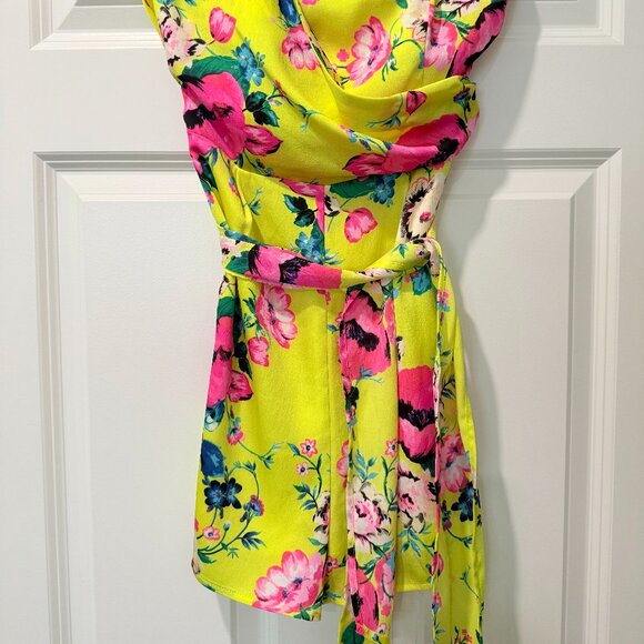Express Yellow Floral Faux Wrap Top Strapless Romper - Picture 3 of 6